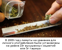 В 2009 году были установлены лимиты на хранение для личного употребления в размере 15г высушенных соцветий или 5г гашиша