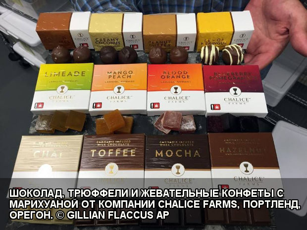 ШОКОЛАД, ТРЮФФЕЛИ И ЖЕВАТЕЛЬНЫЕ КОНФЕТЫ С МАРИХУАНОЙ ОТ КОМПАНИИ CHALICE FARMS, ПОРТЛЕНД, ОРЕГОН. © GILLIAN FLACCUS AP produkty pitaniya marihuanoj portland oregon